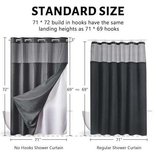 Image of Furlinic No Hook Shower Curtain with Snap in Fabric Liner Set,Waffle Weave Heavy Duty Bathroom Curtain with See Through Window,Waterproof & Machine Washable,Hotel Style,Light Dark Grey,71x72 Inch