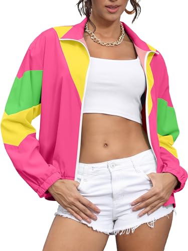 UOUA 80s Windbreaker Jacket for Women Retro Neon Color Block Patchwork Wind Breaker Long Sleeve Reversible Casual Coat Pink 2XL
