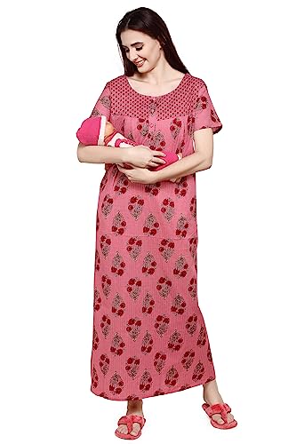 Image of Evolove Women's Cotton Long Maxi Maternity Feeding Night Gown with Pockets, Super Soft Comfortable (LNG-Feeding)