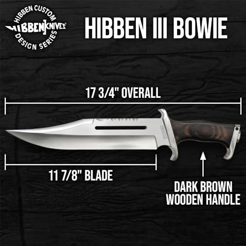 Gil Hibben Full Size Hibben III Bowie Knife | 1988 Rambo Reproduction | Leather Sheath Included | 7Cr13 Stainless Steel Blade | Wooden Handle | Overall Length 17.75"
