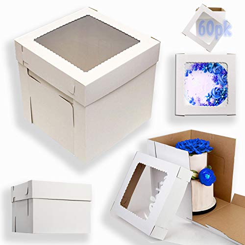 60 Pack Tall Cake Boxes with Window for Tier Cakes 12 x 12 x 12 inches White Bakery Pastry Boxes Disposable Cake Container in Bulk Shipping Carrier Boxes 12 for Wedding Birthday Cake Box