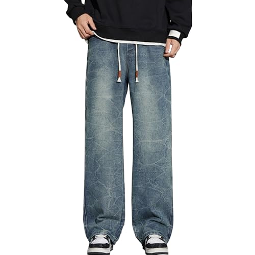 Men's Straight Leg Washed Jeans Hip Hop Wide Leg Denim Pants Baggy Vintage Hip Hop Streetwear Jean Trousers (Blue,3X-Large)