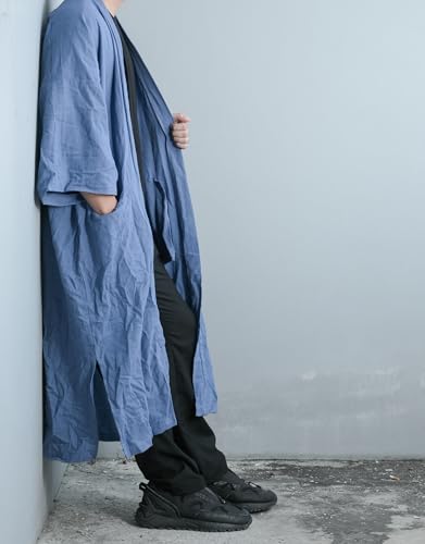 Image of Men's Long Cotton Linen Kimono Cardigan Oversized Noragi Jacket Man Haori Summer Yukata Beach Robe