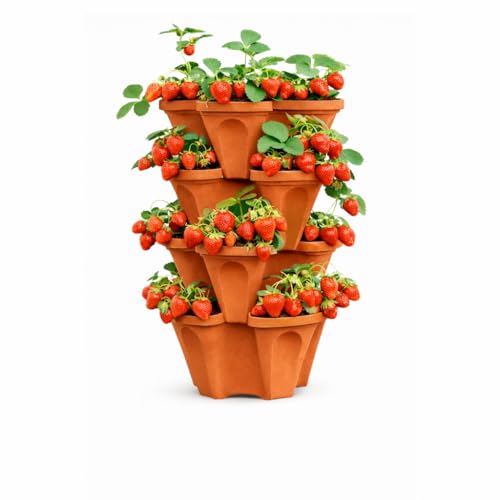 Vertical Garden Planter 4 Tier Stackable System 16 Plants Space Saving Herb Strawberry & Food Crop Planter with Center Support Hole for Indoor Outdoor Gardening (4 Terracotta Small)