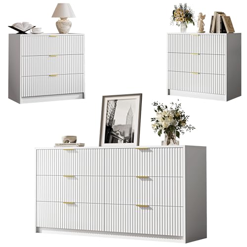 MAISONARIA 3-Piece Dresser Bedroom Set, 6 Drawer Dresser & 3 Drawer Nightstands with Gold Handles, Fluted Wood Chest of Drawers for Bedroom, Living Room, Entryway, White