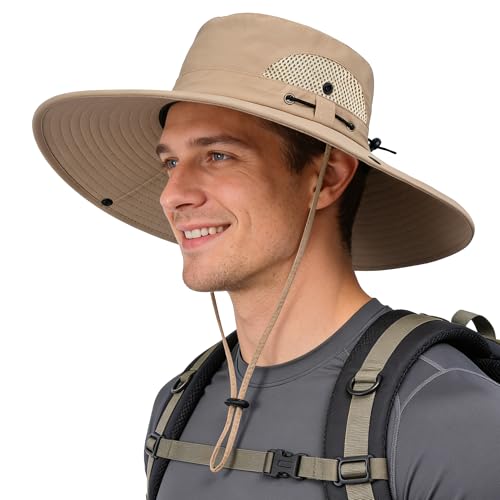 ehsbuy Sombrero Hombre Verano Mesh Gorro Pescador Safari Correa de Barbilla Ajustable Impermeable Transpirable Gorra de Pesca Plegable para Trekking Caza Senderismo Camping