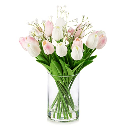 ENOVA FLORAL 18 Heads Artificial Tulips Flowers Real Touch in Vase, Mixed Fake Baby Breath Artificial Flowers in Vase with Faux Water for Dining Table, Wedding Event (White Pink)