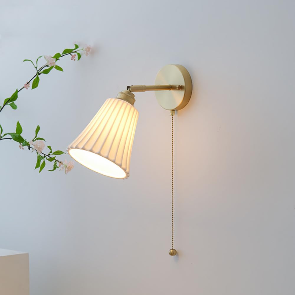 KBUUKYYXouy Mid Century Brass Wall Sconce Ribbed Milk Glass Wall Light Fixture with Pull Chain Switch Hardwired Vintage Gold Nordic Modern Wall Mounted Lamp for Bedroom Living Room Bathroom Farmhouse