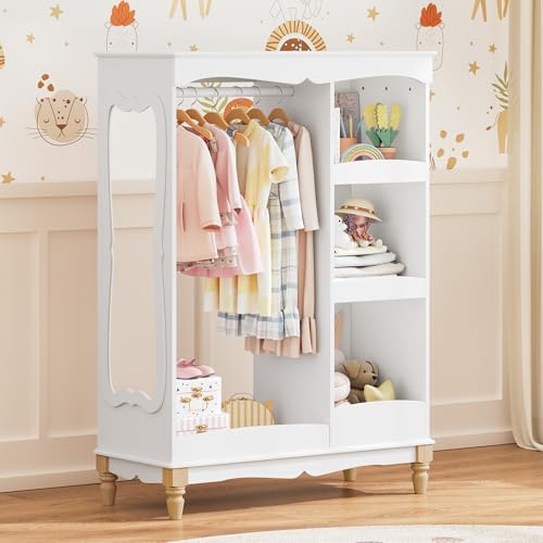 Curipeer Kids Dress Up Storage with Flower Mirror & Wood Legs, Open Hanging Closet Wardrobe for Children, Kids Armoire & Costume Organizer for Bedroom Playroom Preschools Classroom, White