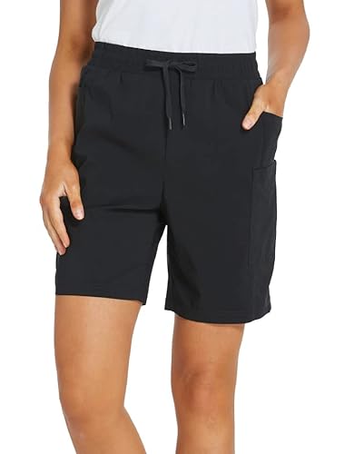 slimour Damen-Wandershorts, schnelltrocknend, mit Taschen, Camping, Cargo-Shorts, elastischer Bund, Kordelzug, Reisen, Angeln, Golf, Vordertasche schwarz, Klein Cover