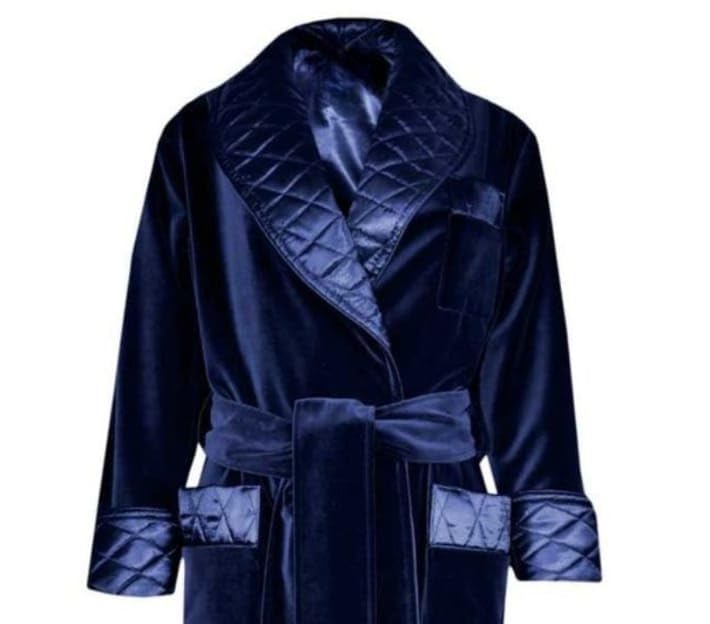 Men Blue Long Smoking Jacket,Men Double Breasted Luxury Silk Velvet Cigar Robe for Dinner Party Wear Jacket with belte2