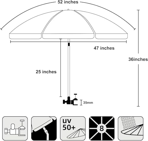 Image of AMMSUN XL Chair Umbrella with Universal Clamp Adjustable 47 inches and 360-degree Swivel UPF 50+, Portable Clamp on Camping or Beach Chair, Stroller, Wheelchair, Golf cart, Lounger (1, Navy)