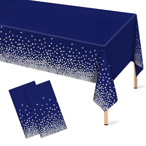 Image of Mulbozy 2 Pcs Navy Blue and Silver Dot Table Cloth,Disposable 54x108 inch