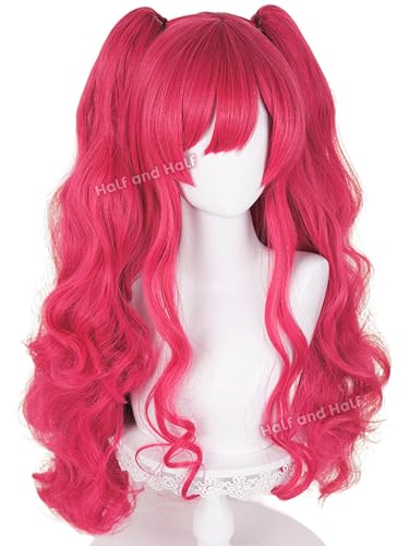 Image of Long Curly Red Pink Anime Ponytail Wig with Bangs Deep Pink Twin Tail Wigs | 31.5'' Pink Cute Pony Lolita Costume Wigs Synthetic Hair for Women Halloween Party Daily