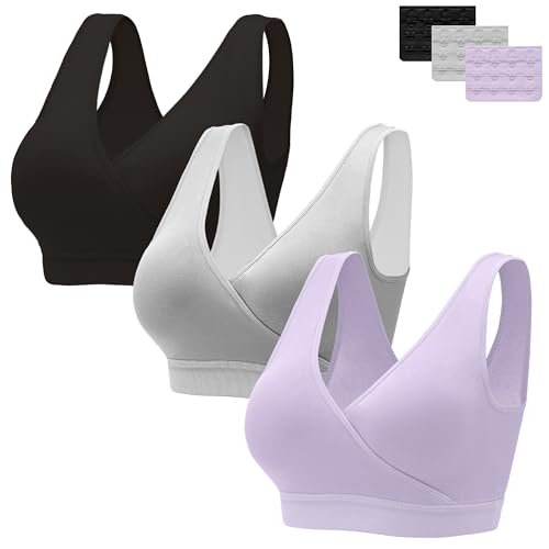 Image of HBselect 5 Pack Nursing Bras for Breastfeeding, Ultra Comfort Maternity Bras Wireless Pregnancy Sleep Bralette Black/Gray/Purple