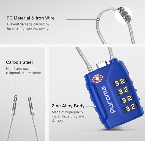 Image of Puroma TSA Approved Luggage Lock, 4 Digit Combination Travel Locks Resettable Code Lock with Zinc Alloy Body for Suitcase, Toolbox, Backpack, Bag, Gym Locker, Basic Blue, Modern