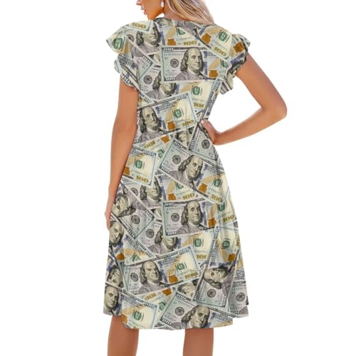 Image of Women's Casual Ruffle Sleeve Dress V Neck Pullover Dress Flowy A-Line Pleated Lightweight Dress with Pockets
