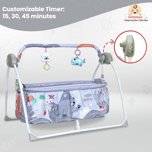 Image of Infantso Iron Baby Cradle Swing with 3 Point Safety Harness, Hanging Toys, Soothing Lullabies Music, for 0-2 Years Baby Boys and Girls Baby Jhula (Grey, Chevron)