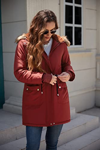 Grace Karin Long Warm Fashion Hoodie Winter Jackets For Women Thicken Fleece Lined Faux Fur Jackets Anoraks With Pockets Windproof Wine Red M #TOP4