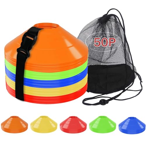 50 Stück Fußballkegel mit Gurt, Tragetasche, Agility-Disc-Kegel, Fußball-Trainingskegel, Feldmarker, Sport-Trainingshütchen für Herausforderung, Fußball, Basketball, Skaten, Kinderspiele, Outdoor