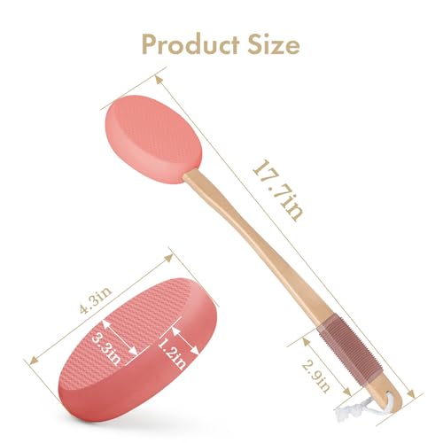 Image of AmazerBath Lotion Applicator for Back, Feet, 4 Replacement Pads with 17 inch Curved Handle, Back Sunscreen Applicator for Kids, Elderly, Women, Apply Skin Cream Medicine Moisturizer Tanner, Apricot Red