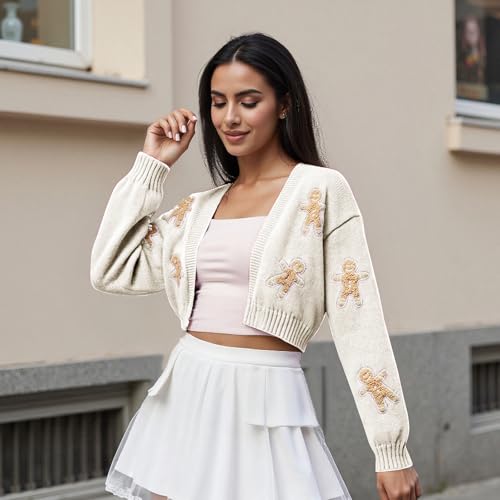 Image of Women Holiday Sequin Cardigans Funny Graphic Button Embroidered Sweaters Cute Open Front Knit Long Sleeve Coat Tops
