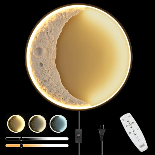Image of Dimmable Moon Wall Sconces 23.6inch 32W Plug in Modern LED Wall Light with Remote Control Black Wall Lamp Indoor Wall Mounted Lighting Fixture for Living Room Bedroom Hallway Stairs