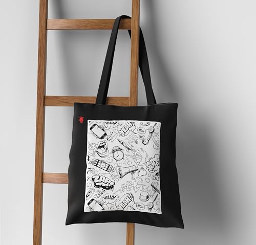 Image of ZORI Black Tote Bag With Pocket Printed Designed Canvas Tote Bags For Women large capacity,Tote bag For Shopping, College, Travel, More Canvas Handbag For Unisex Bag