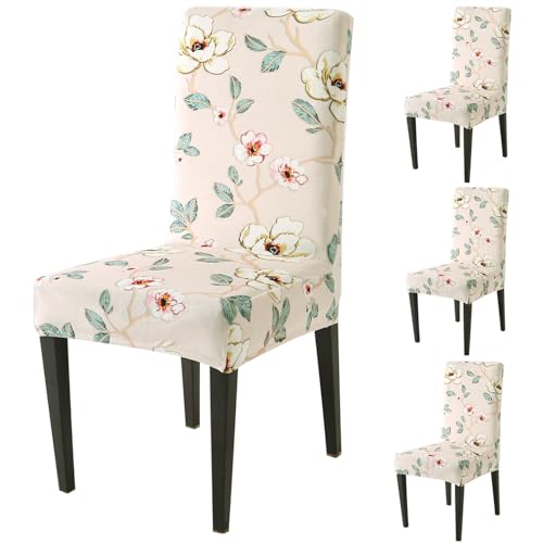 Image of HOKIPO Premium Printed Velvet Chair Cover Set of 4 for Dining Table, Buttercream Magnolia Whisper (AR-5794-D5*4)