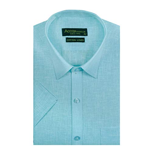 ACCOX Men's Half Sleeves Formal Regular Fit Cotton Linen Shirt Extra Large Size (Ocean Blue,GO524_XXXL Size)