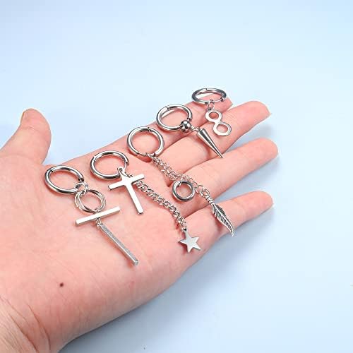 JeweBella 17 Pieces Hoop Dangle Earrings for Men Women Stainless Steel Cross Earrings Set Silver Chain Feather Star Hoop Earrings Punk Kpop Earrings