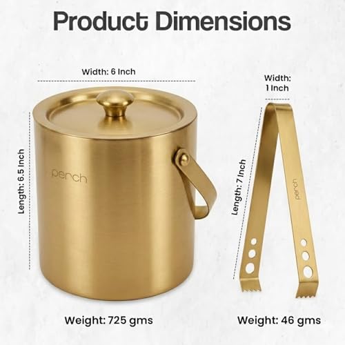 Image of O' Holic by Perch Stainless Steel Double Wall Ice Bucket & Tong - 1500ml | Insulated with Lid & Handle|Bartender Kit |Premium Barware Accessories for Home Bar, Parties, Cocktails & Gifting |Golden