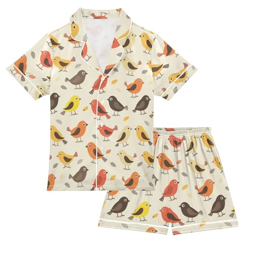ALAZA Cute Cartoon Bird Pajamas Satin Pajama Set Short Sleeve Button Down Sleepwear