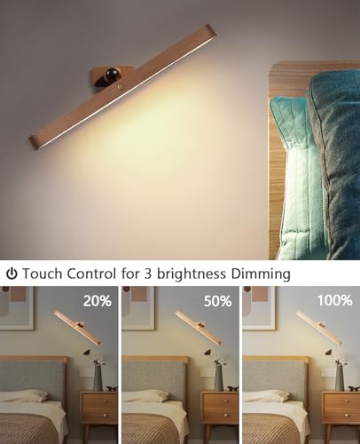 Image of Wall Lights for Bedroom Battery Operated Wall Sconce Lamp Vanity Light Magnetic Aesthetic Wooden Big Capacity 2000mah Wireless Rechargeable Wall Lights for Living Room,Beech Wood