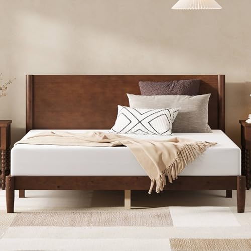 AMERLIFE Solid Wood Queen Bed Frame, Mid Century Modern Platform Bed with Full Panel Headboard, Wooden Bed with Cylindrical Legs, No Box Spring Needed & Noise-Free, Under-Bed Storage, Dark Walnut