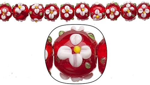 Glass Bead, White Petal Flower on Red Glass, 11mm Bumpy Rondelle Sold Per 20pcs/String