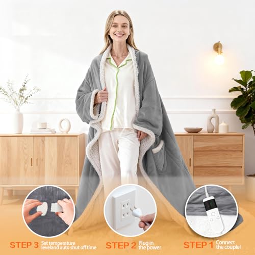 Image of Wearable Heated Blanket With Sleeves & Foot Pocket, Heated Throw Blankets Fast Heating Blanket With 10 Heat Settings Auto Shut Off Over-Heat Protection-Warm Gift, Machine Washable, 52 inch*72 inch+18 inch