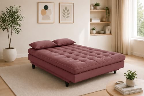 Image of 3-Seater Velvet Sofa Cum Bed | Tufted Convertible Sleeper Sofa | Plush Cushioned Seating | Space-Saving Design for Living Room, Bedroom & Office | Rose Pink