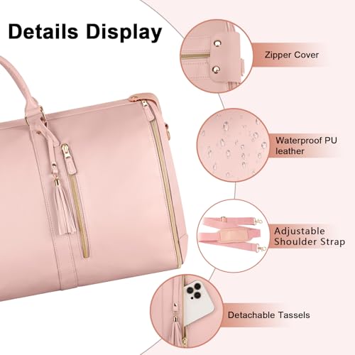 Image of Carry on Garment Bag, Large PU Leather Garment Bags for Travel with Shoe Pouch, Pink, Roller