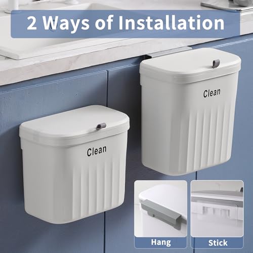 Image of Hanging Trash Can with Lid, 2.2 Gallon Kitchen Garbage Bin Food Waste Container Kitchen Compost Bin Wall Mounted Trash Can for Kitchen, Cupboard, Bathroom, Bedroom, Office, Under Sink - White