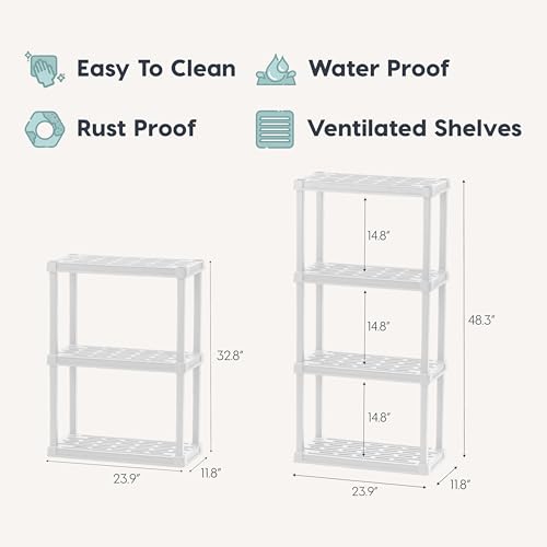 Image of IRIS USA 3-Shelf Light Duty Plastic Storage Shelves, 150lb Capacity, 33 inch H x 24 inch W x 12 inch D, Medium Modular Shelving Unit Storage Organizer for Bathroom, Laundry, Garage & Home, Storage Rack - White
