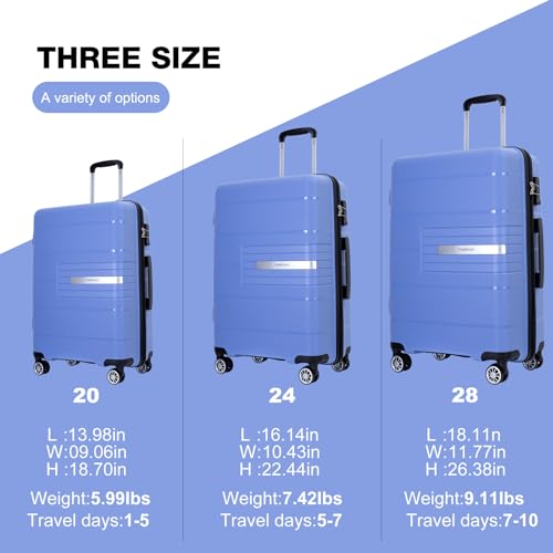 Luggage Set 3 Piece,Suitcases with Wheels,Travel Luggage with TSA Lock,Hardshell Luggage Sets-20/24/28inch,PP,Purplish Blue3