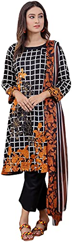 IshDeena Ready to Wear Embroidered Cotton Lawn Pakistani Dresses for Women Shalwar, Kameez with Dupatta - Three Piece Set (3X Large, Black & White)