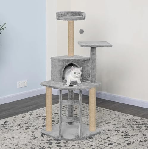 Image of Plush Fur Fabric Kitten Cat Tree - Climbing Ladder | Top Perch | Spacious Condo | Furry Ball | Jute Rope Scratching Posts (Medium) (Grey - FURR-49)