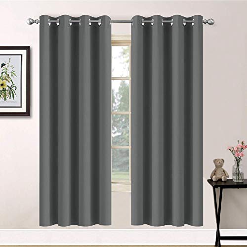 Yakamok Dark Grey Blackout Curtains, Grommet Thermal Insulated Room Darkening Blackout Drapes for Bedroom/Living Room, 2 Panels, 52W x 63L Inch