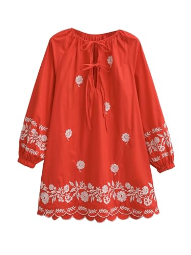 Womens Embroidered Long Sleeve Mini Dress Loose Fit Vintage Embroidery Dress with Double Neckline Self Tie