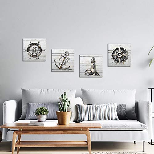SkenoArt Nautical Themed Bathroom Art Wall Decor Black White Boat Anchor Paintings Helm Compass Print Lighthouse Picture Home Decor Sea Artwork Bedroom Living Room Ready to Hang - Image 2