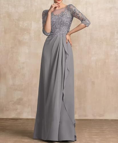 Mother of The Bride Dress 3/4 Sleeve Chiffon Laces Appliques Ruched Formal Evening Gowns2