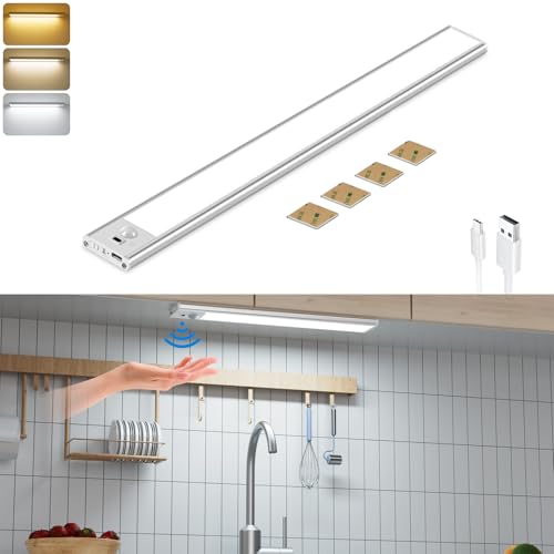 LouBout Under Cupboard Kitchen Lights, 30cm 56LED Hand Wave Activated Under Cabinet Kitchen Lights, 2200mAh 3 Color Temps Dimmable USB-C Rechargeable Magnetic Motion Sensor Lights Indoor for Kitchen