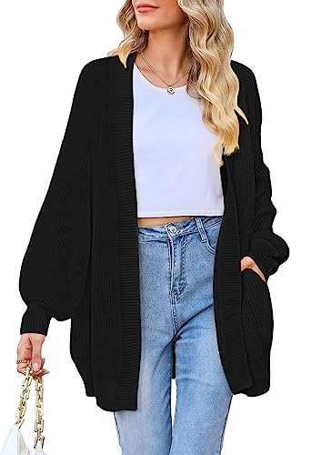 2026 Fall Casual Cardigan for Women Long Sleeve Open Front Ribbed Knit Oversized Cardigans Sweaters with Pockets Black S